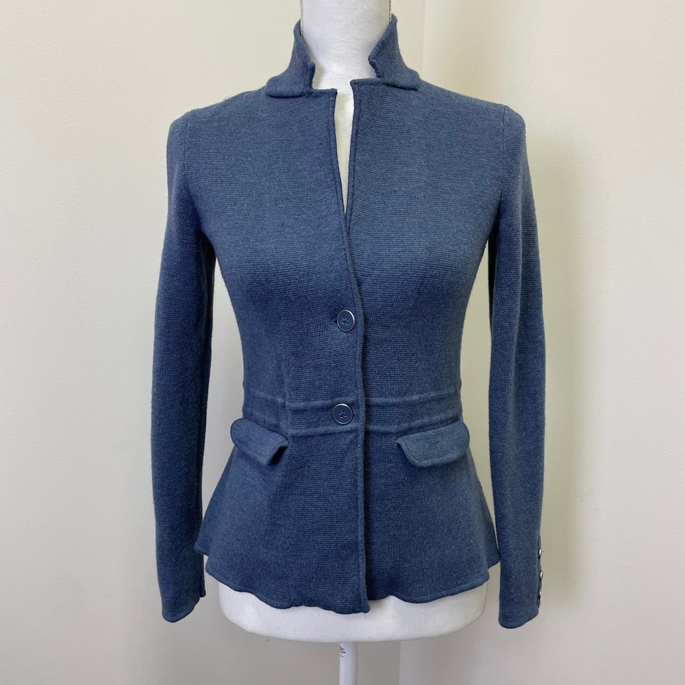 Talbots Petite Blue Merino Wool Blazer Cardigan Sweater Size P Stand Collar